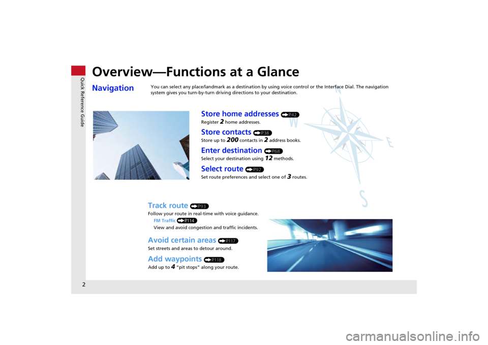 HONDA ODYSSEY 2013 RC1-RC2 / 5.G Navigation Manual Quick Reference Guide2
Overview—Functions at a GlanceNavigation
You can select any place/landmark as a destination by using voice control or the Interface Dial. The navigation 
system gives you turn