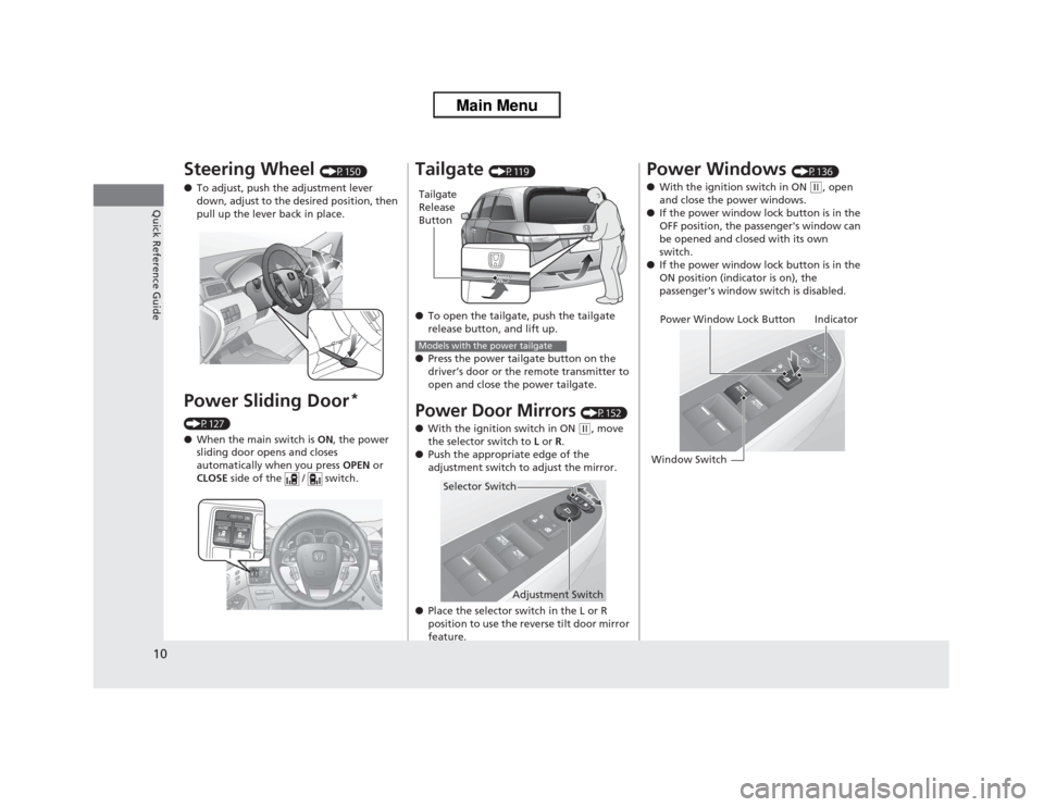 HONDA ODYSSEY 2013 RC1-RC2 / 5.G User Guide 10Quick Reference Guide
Steering Wheel 
(P150)
●To adjust, push the adjustment lever 
down, adjust to the desired position, then 
pull up the lever back in place.
Power Sliding Door
* 
(P127)
●Whe