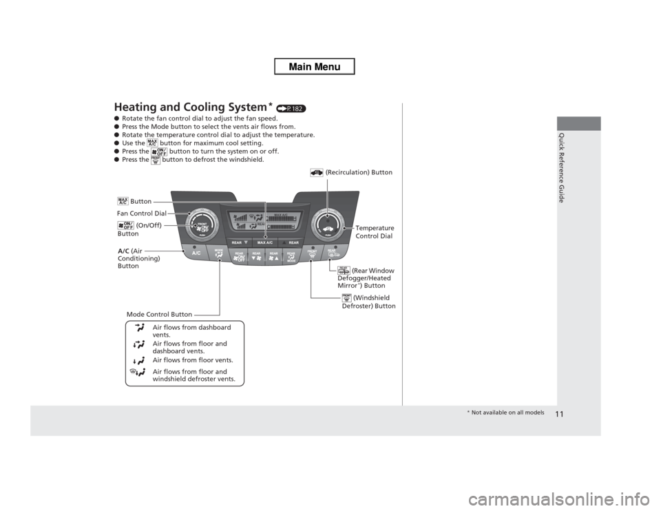 HONDA ODYSSEY 2013 RC1-RC2 / 5.G User Guide 11Quick Reference Guide
Heating and Cooling System
* (P182)
●Rotate the fan control dial to adjust the fan speed.
●Press the Mode button to select the vents air flows from.
●Rotate the temperatu