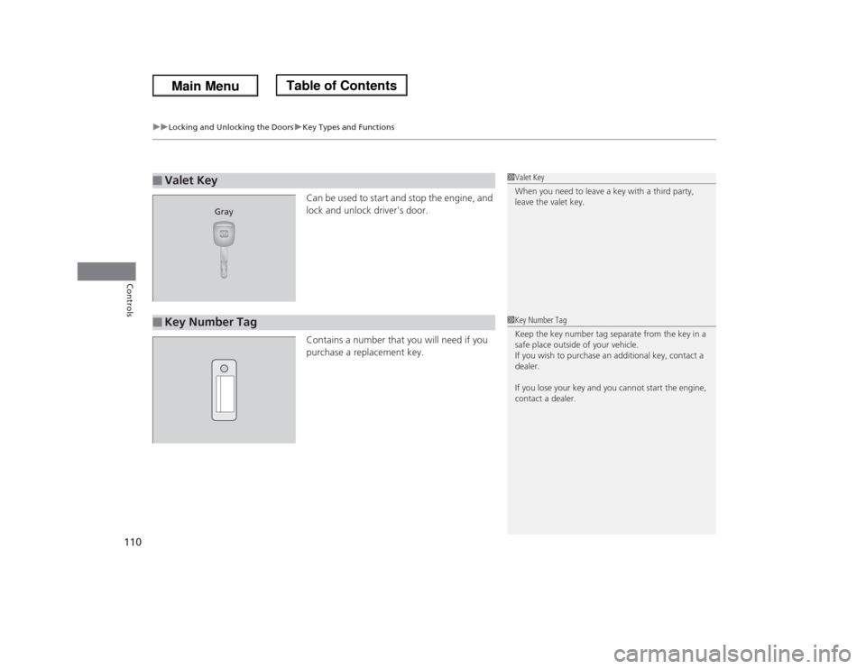 HONDA ODYSSEY 2013 RC1-RC2 / 5.G Owners Manual uuLocking and Unlocking the DoorsuKey Types and Functions
110Controls
Can be used to start and stop the engine, and
lock and unlock drivers door.
Contains a number that you will need if you
purchas HONDA ODYSSEY 2013 RC1-RC2 / 5.G Owners Manual uuLocking and Unlocking the DoorsuKey Types and Functions
110Controls
Can be used to start and stop the engine, and
lock and unlock drivers door.
Contains a number that you will need if you
purchas