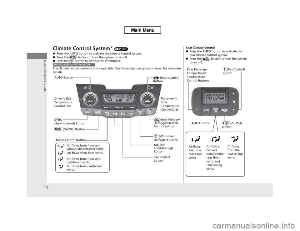HONDA ODYSSEY 2013 RC1-RC2 / 5.G Owners Manual 12Quick Reference Guide
Climate Control System
* (P186)
●Press the AUTO button to activate the climate control system.
●Press the   button to turn the system on or off.
●Press the   button to de