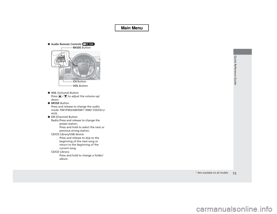 HONDA ODYSSEY 2013 RC1-RC2 / 5.G Owners Manual 15Quick Reference Guide
●Audio Remote Controls (P198)
●VOL (Volume) Button
Press   /   to adjust the volume up/
down.
●MODE Button
Press and release to change the audio 
mode: FM1/FM2/AM/XM1
*/X