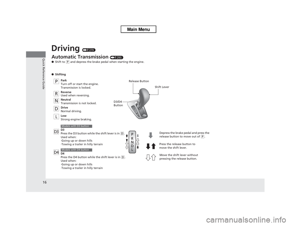 HONDA ODYSSEY 2013 RC1-RC2 / 5.G User Guide 16Quick Reference Guide
Driving 
(P279)
D4L
D3P
R
N
D
Release Button
Shift Lever
Depress the brake pedal and press the 
release button to move out of 
(P.
Move the shift lever without 
pressing the re