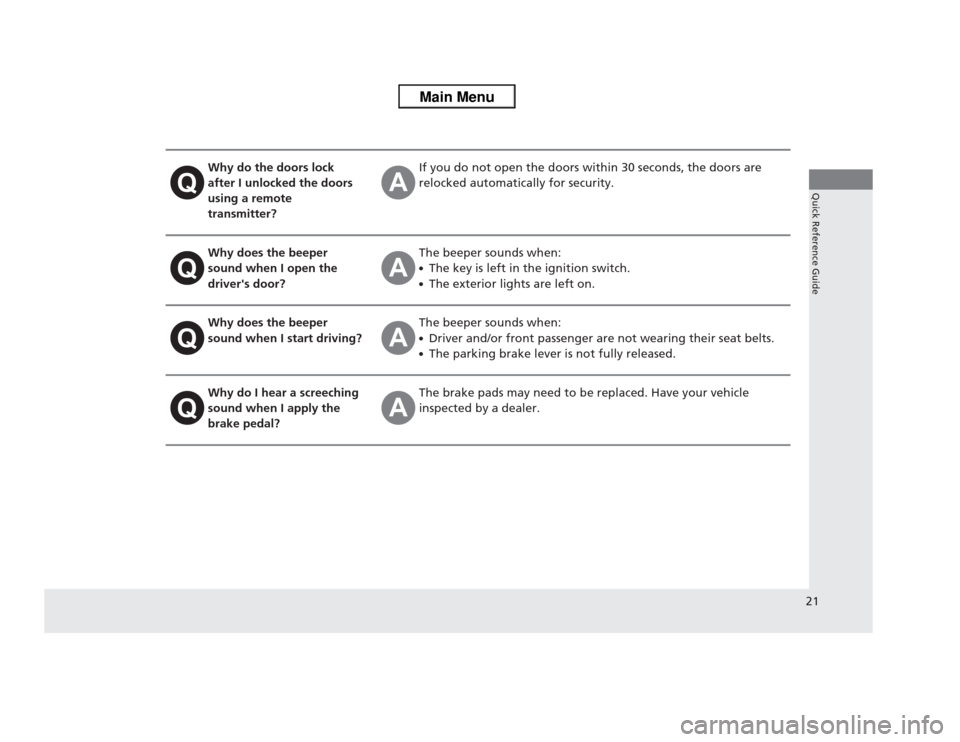 HONDA ODYSSEY 2013 RC1-RC2 / 5.G Owners Manual 21Quick Reference Guide
Why do the doors lock 
after I unlocked the doors 
using a remote 
transmitter?
If you do not open the doors within 30 seconds, the doors are 
relocked automatically for securi