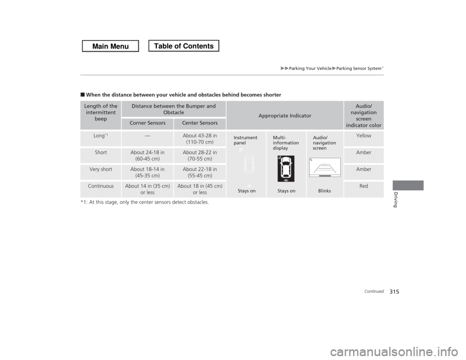 HONDA ODYSSEY 2013 RC1-RC2 / 5.G Owners Manual 315
uuParking Your VehicleuParking Sensor System
*
Continued
Driving
■When the distance between your vehicle and obstacles behind becomes shorter
*1: At this stage, only the center sensors detect ob