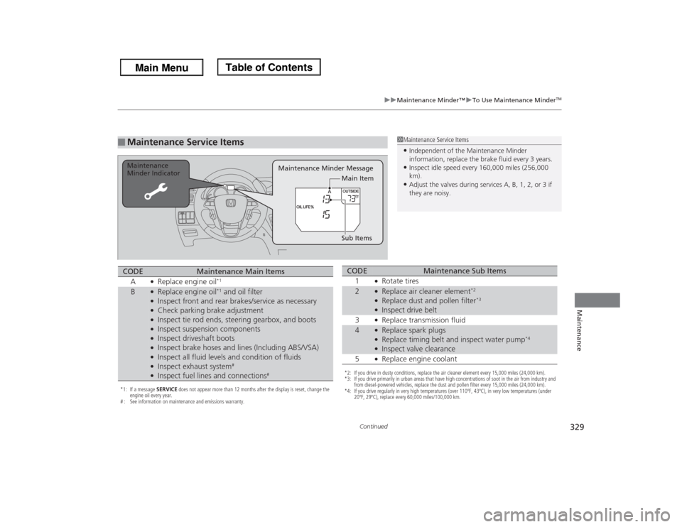 HONDA ODYSSEY 2013 RC1-RC2 / 5.G Owners Manual 329
uuMaintenance Minder™uTo Use Maintenance Minder
TM
Continued
Maintenance
■
Maintenance Service Items
1Maintenance Service Items•Independent of the Maintenance Minder 
information, replace th