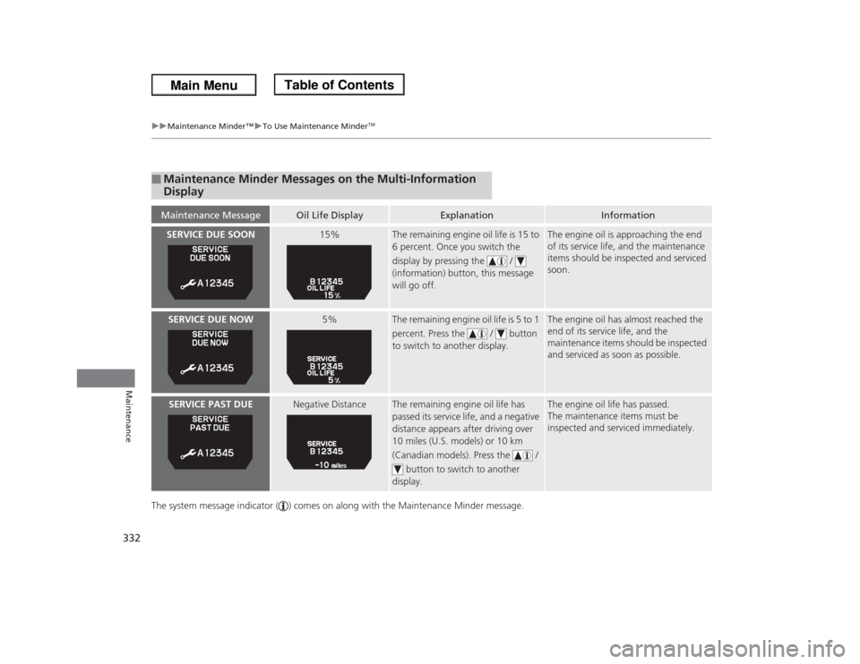 HONDA ODYSSEY 2013 RC1-RC2 / 5.G Owners Manual 332
uuMaintenance Minder™uTo Use Maintenance Minder
TM
Maintenance
The system message indicator ( ) comes on along with the Maintenance Minder message.■
Maintenance Minder Messages on the Multi-In HONDA ODYSSEY 2013 RC1-RC2 / 5.G Owners Manual 332
uuMaintenance Minder™uTo Use Maintenance Minder
TM
Maintenance
The system message indicator ( ) comes on along with the Maintenance Minder message.■
Maintenance Minder Messages on the Multi-In