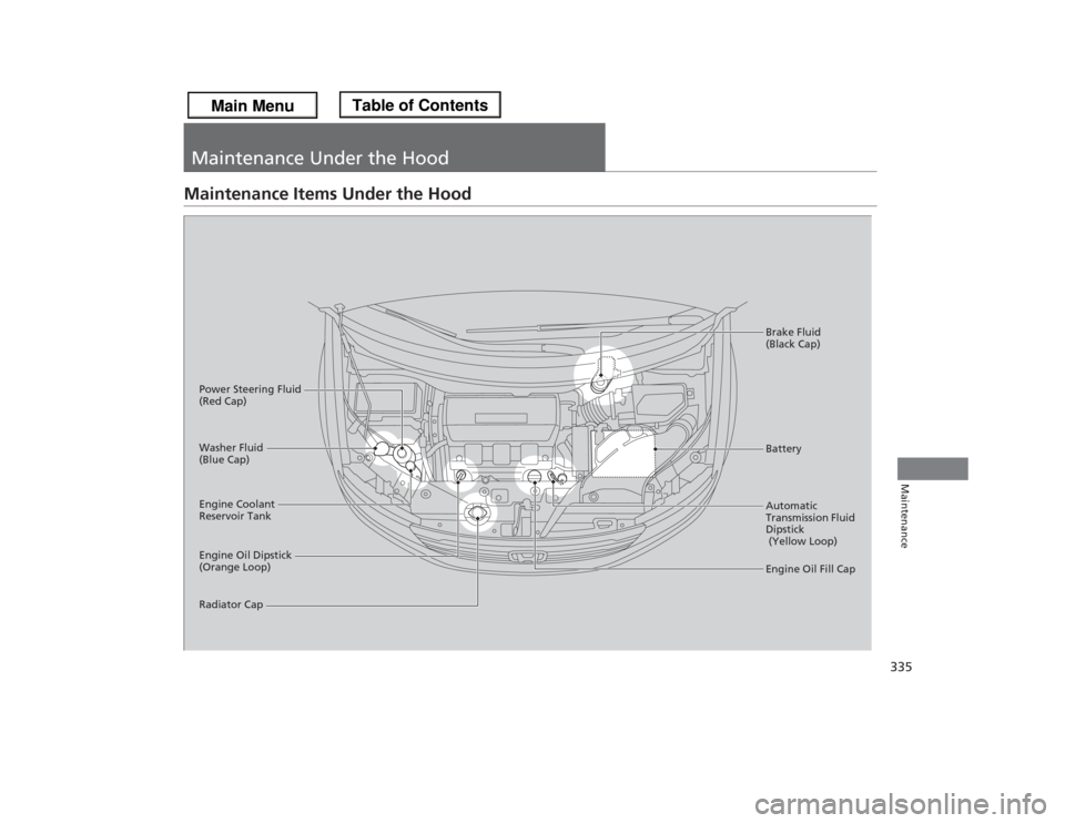 HONDA ODYSSEY 2013 RC1-RC2 / 5.G Owners Manual 335Maintenance
Maintenance Under the HoodMaintenance Items Under the Hood
Engine Oil Dipstick 
(Orange Loop) Washer Fluid 
(Blue Cap)
Engine Coolant 
Reservoir Tank
Radiator CapBrake Fluid 
(Black Cap
