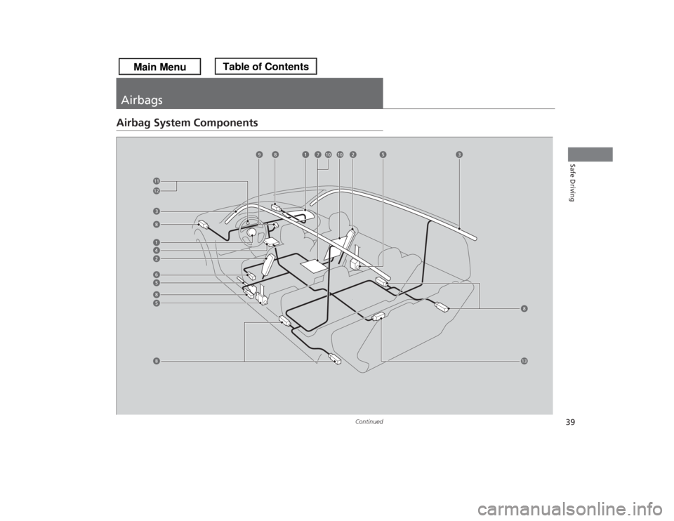 HONDA ODYSSEY 2013 RC1-RC2 / 5.G Owners Guide 39
Continued
Safe Driving
AirbagsAirbag System Components
13
6
7
8
9
10
1112
10
888
8 