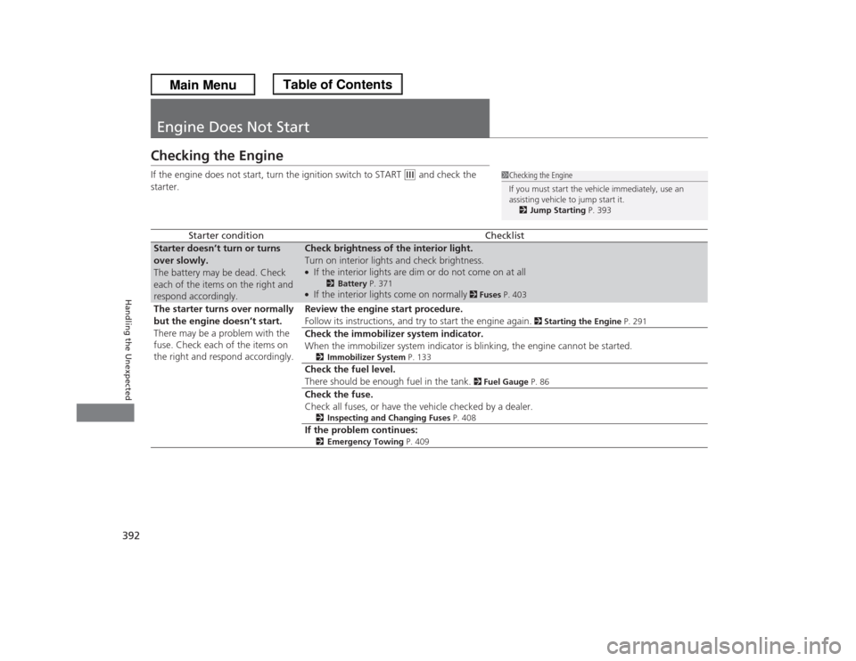 HONDA ODYSSEY 2013 RC1-RC2 / 5.G Owners Manual 392Handling the Unexpected
Engine Does Not StartChecking the EngineIf the engine does not start, turn the ignition switch to START
(e
and check the
starter.
Starter condition
Checklist
Starter does HONDA ODYSSEY 2013 RC1-RC2 / 5.G Owners Manual 392Handling the Unexpected
Engine Does Not StartChecking the EngineIf the engine does not start, turn the ignition switch to START
(e
and check the
starter.
Starter condition
Checklist
Starter does