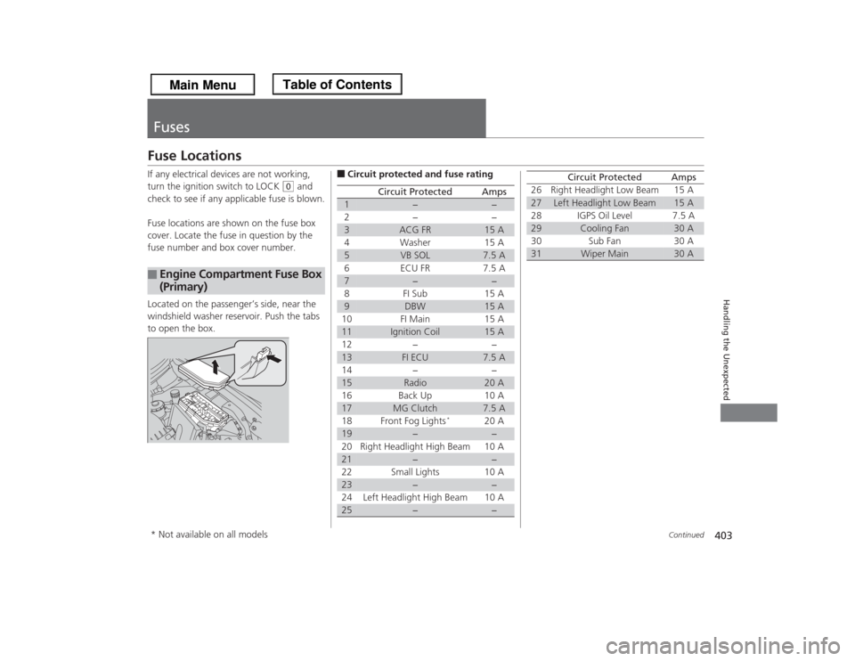 HONDA ODYSSEY 2013 RC1-RC2 / 5.G Owners Manual 403
Continued
Handling the Unexpected
FusesFuse LocationsIf any electrical devices are not working, 
turn the ignition switch to LOCK 
(0
 and 
check to see if any applicable fuse is blown.
Fuse locat