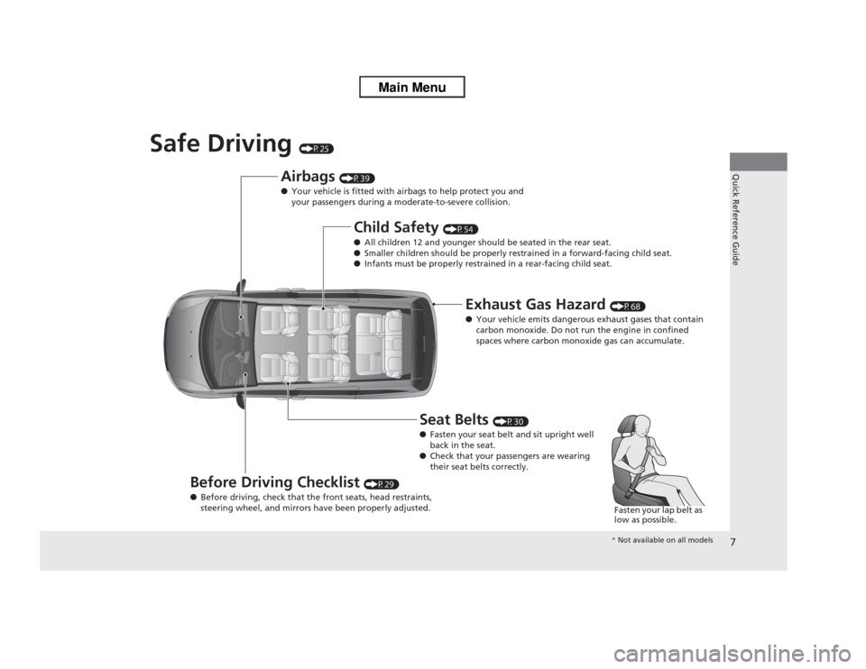 HONDA ODYSSEY 2013 RC1-RC2 / 5.G Owners Manual 7Quick Reference Guide
Safe Driving 
(P25)
Airbags 
(P39)
●Your vehicle is fitted with airbags to help protect you and 
your passengers during a moderate-to-severe collision.
Child Safety 
(P54)
●