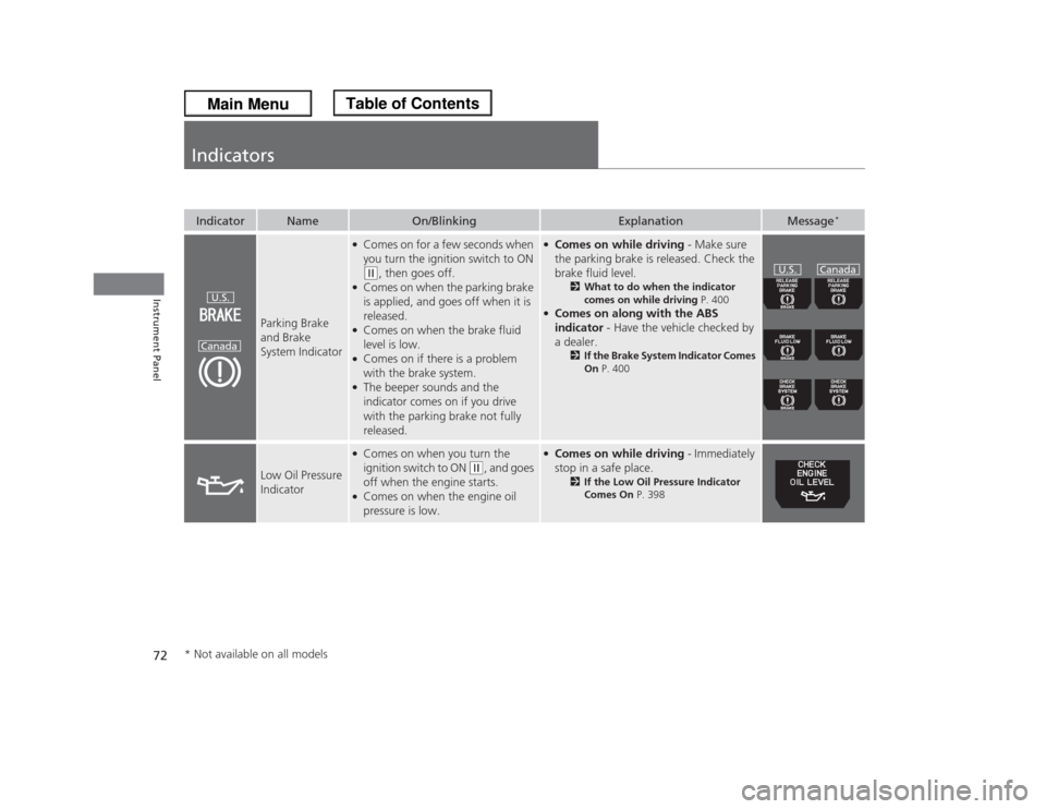 HONDA ODYSSEY 2013 RC1-RC2 / 5.G Owners Manual 72Instrument Panel
IndicatorsIndicator
Name
On/Blinking
Explanation
Message
*
Parking Brake 
and Brake 
System Indicator
●Comes on for a few seconds when 
you turn the ignition switch to ON (w
, the