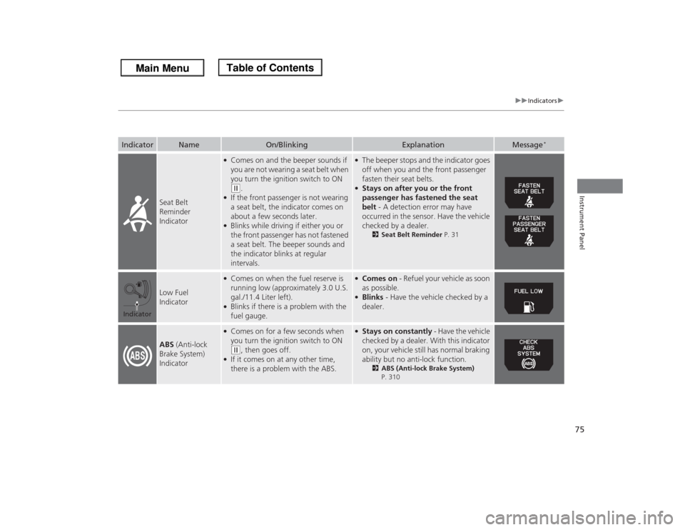 HONDA ODYSSEY 2013 RC1-RC2 / 5.G Manual PDF 75
uuIndicatorsu
Instrument Panel
Seat Belt
Reminder
Indicator
●Comes on and the beeper sounds if
you are not wearing a seat belt when
you turn the ignition switch to ON (w
.
●If the front pas HONDA ODYSSEY 2013 RC1-RC2 / 5.G Manual PDF 75
uuIndicatorsu
Instrument Panel
Seat Belt
Reminder
Indicator
●Comes on and the beeper sounds if
you are not wearing a seat belt when
you turn the ignition switch to ON (w
.
●If the front pas