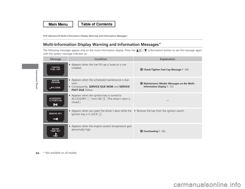 HONDA ODYSSEY 2013 RC1-RC2 / 5.G Owners Manual 84
uuIndicatorsuMulti-Information Display Warning and Information Messages
*
Instrument Panel
Multi-Information Display Warning and Information Messages
*
The following messages appear only on the mul