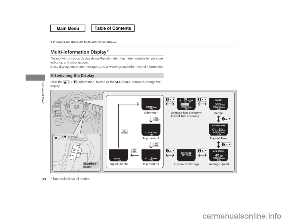 HONDA ODYSSEY 2013 RC1-RC2 / 5.G Owners Manual 98
uuGauges and DisplaysuMulti-Information Display
*
Instrument Panel
Multi-Information Display
*
The multi-information display shows the odometer, trip meter, outside temperature 
indicator, and othe