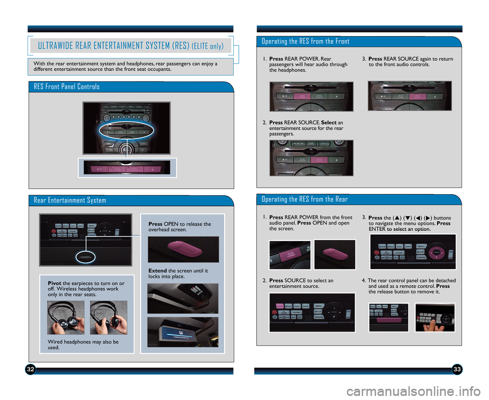 HONDA ODYSSEY 2013 RC1-RC2 / 5.G Technology Reference Guide 3332
ULTRAWIDE REAR ENTERTAINMENT SYSTEM (RES)(ELITE only)
With the rear entertainment system and headphones, rear passengers can enjoy a
different entertainment source than the front seat occupants.
