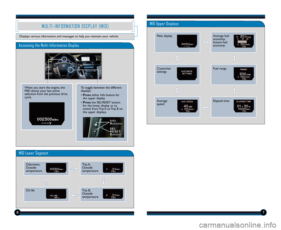 HONDA ODYSSEY 2013 RC1-RC2 / 5.G Technology Reference Guide To toggle between the different
displays:
• Presseither Info button for
the upper display.
• Press the SEL/RESET button
for the lower display or to
switch from Trip A to Trip B on
the upper displa HONDA ODYSSEY 2013 RC1-RC2 / 5.G Technology Reference Guide To toggle between the different
displays:
• Presseither Info button for
the upper display.
• Press the SEL/RESET button
for the lower display or to
switch from Trip A to Trip B on
the upper displa