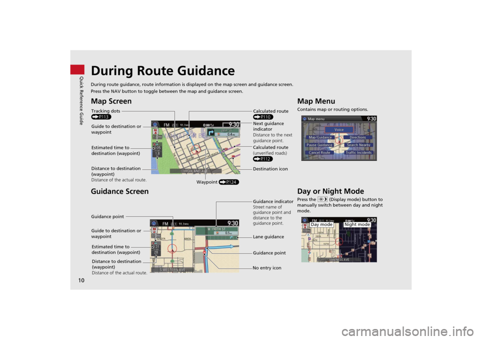 HONDA ODYSSEY 2014 RC1-RC2 / 5.G Navigation Manual 10Quick Reference Guide
During Route GuidanceDuring route guidance, route information is displayed on the map screen and guidance screen.
Press the NAV button to toggle between the map and guidance sc