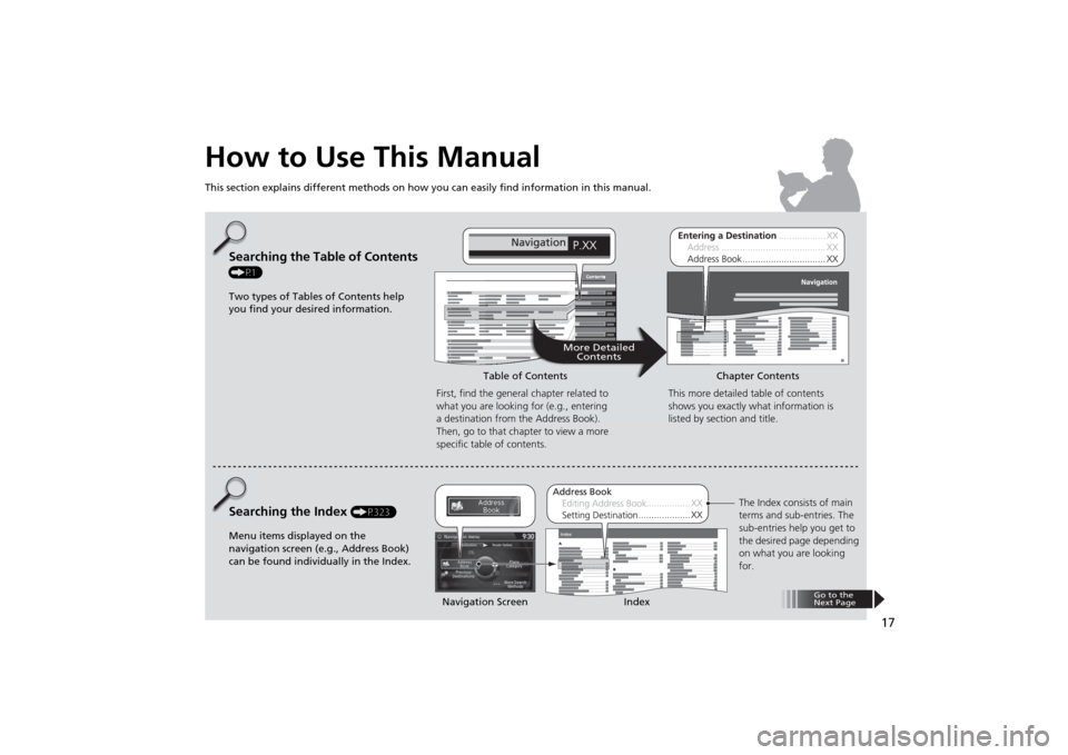 HONDA ODYSSEY 2014 RC1-RC2 / 5.G Navigation Manual 17
How to Use This ManualThis section explains different methods on how you can easily find information in this manual.
ContentsContents
More Detailed
Contents
Go to the 
Next Page
Searching the Table