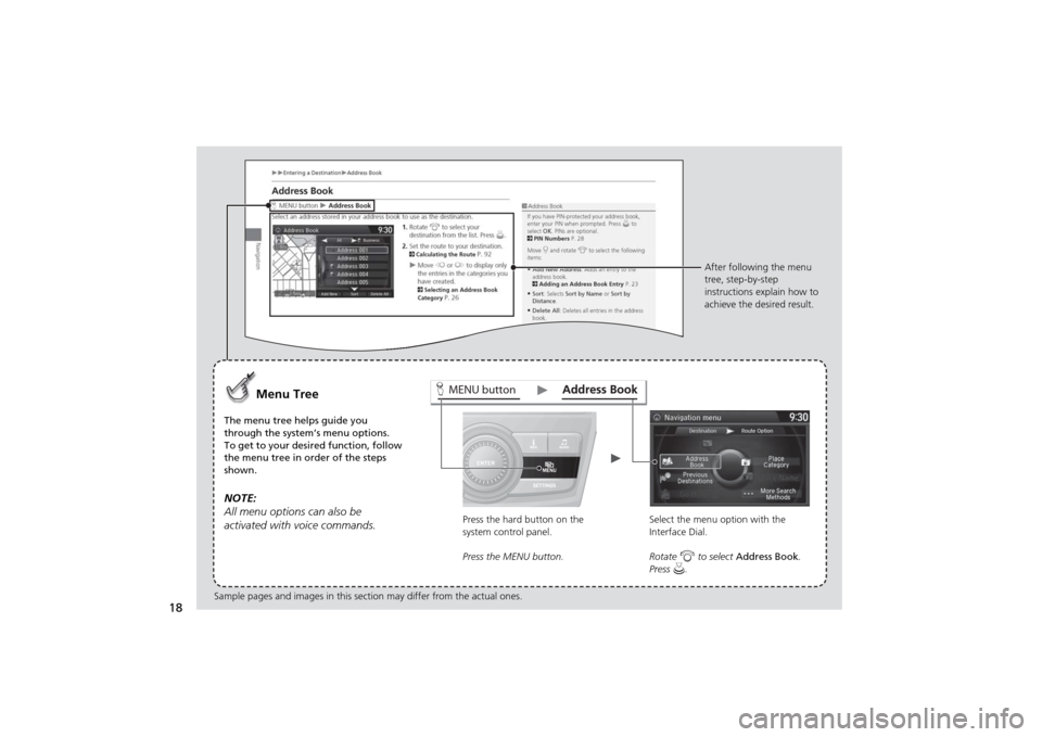 HONDA ODYSSEY 2014 RC1-RC2 / 5.G Navigation Manual 18
MENU button
Menu Tree
The menu tree helps guide you 
through the system’s menu options.
To get to your desired function, follow 
the menu tree in order of the steps 
shown.NOTE:
All menu options 