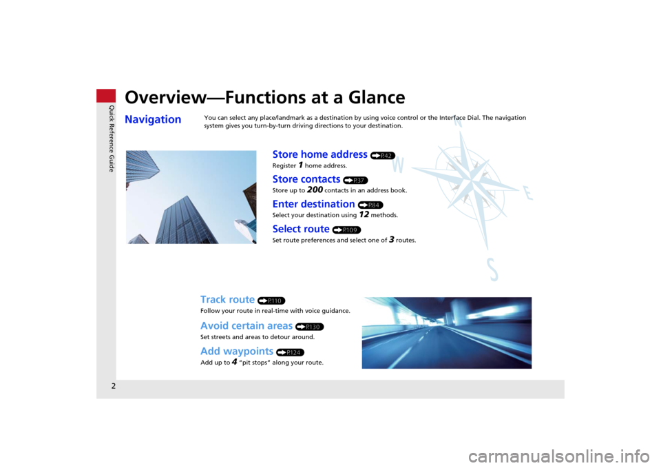 HONDA ODYSSEY 2014 RC1-RC2 / 5.G Navigation Manual Quick Reference Guide2
Overview—Functions at a GlanceNavigation
You can select any place/landmark as a destination by using voice control or the Interface Dial. The navigation 
system gives you turn