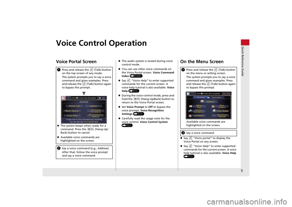 HONDA ODYSSEY 2014 RC1-RC2 / 5.G Navigation Manual 5Quick Reference Guide
Voice Control OperationVoice Portal ScreenaPress and release the d (Talk) button 
on the top screen of any mode.
The system prompts you to say a voice 
command and gives example