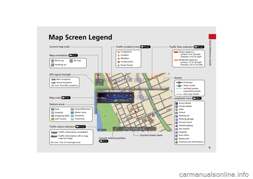 HONDA ODYSSEY 2014 RC1-RC2 / 5.G Navigation Manual 9Quick Reference Guide
Map Screen Legend
Landmark icons (P67)
Acura dealer
Honda dealer
ATM
School
Parking lot
Parking garage
Grocery store
Hotel/Lodging
Gas station
Hospital
Post office
Restaurant
Fr