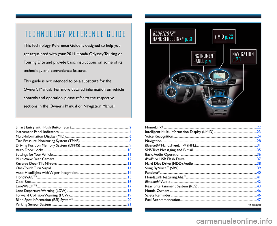 HONDA ODYSSEY 2014 RC1-RC2 / 5.G Technology Reference Guide HomeLink®..............................................................................................................22
Intelligent Multi�Information Display (i�MID) ...............................