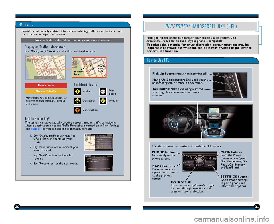 HONDA ODYSSEY 2014 RC1-RC2 / 5.G Technology Reference Guide 30
FM Traffic
Press and release the Talk button before you say a command.
Displaying Traffic Information
Say “Display traffic”to view traffic flow and incident icons.
Note:Traffic flow and inciden