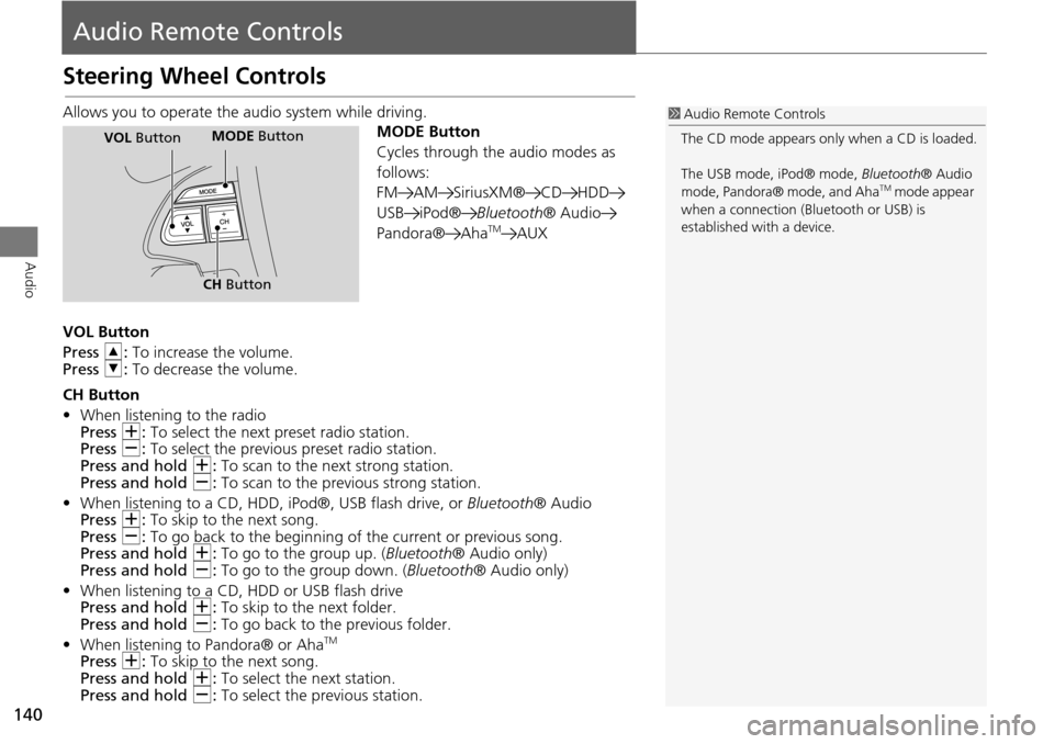 HONDA ODYSSEY 2015 RC1-RC2 / 5.G Navigation Manual 140
Audio
Audio Remote Controls
Steering Wheel Controls
Allows you to operate the audio system while driving.
MODE Button
Cycles through the audio modes as
follows:
FM AM SiriusXM® CD HDD
USB iPod® HONDA ODYSSEY 2015 RC1-RC2 / 5.G Navigation Manual 140
Audio
Audio Remote Controls
Steering Wheel Controls
Allows you to operate the audio system while driving.
MODE Button
Cycles through the audio modes as
follows:
FM AM SiriusXM® CD HDD
USB iPod®
