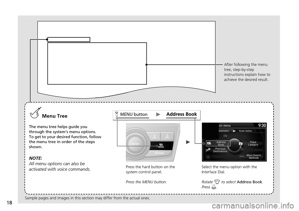 HONDA ODYSSEY 2015 RC1-RC2 / 5.G Navigation Manual 18
MENU buttonMenu Tree
The menu tree helps guide you
through the system’s menu options.
To get to your desired function, follow
the menu tree in order of the steps
shown.
NOTE:
All menu options HONDA ODYSSEY 2015 RC1-RC2 / 5.G Navigation Manual 18
MENU buttonMenu Tree
The menu tree helps guide you
through the system’s menu options.
To get to your desired function, follow
the menu tree in order of the steps
shown.
NOTE:
All menu options