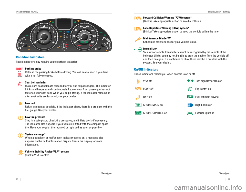 HONDA ODYSSEY 2015 RC1-RC2 / 5.G Quick Guide 26 || 27
INSTRUMENT PANELINSTRUMENT PANEL
Condition Indicators
These indicators may require you to perform an action.
Parking brake
Release the parking brake HONDA ODYSSEY 2015 RC1-RC2 / 5.G Quick Guide 26 || 27
INSTRUMENT PANELINSTRUMENT PANEL
Condition Indicators
These indicators may require you to perform an action.
Parking brake
Release the parking brake