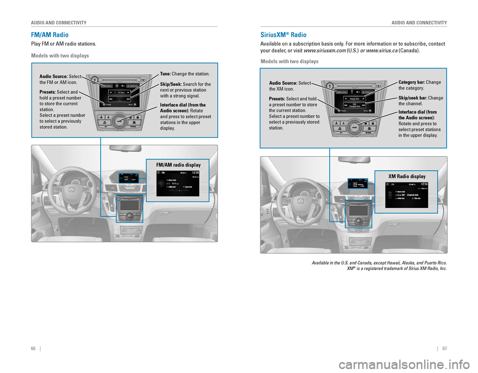 HONDA ODYSSEY 2015 RC1-RC2 / 5.G Quick Guide 66    ||    67
AUDIO AND CONNECTIVITY
AUDIO AND CONNECTIVITY
FM/AM Radio
Play FM or AM radio stations.
Models with two displays
FM/AM radio display
SiriusXM® Radio
Availableâ HONDA ODYSSEY 2015 RC1-RC2 / 5.G Quick Guide 66    ||    67
AUDIO AND CONNECTIVITY
AUDIO AND CONNECTIVITY
FM/AM Radio
Play FM or AM radio stations.
Models with two displays
FM/AM radio display
SiriusXM® Radio
Availableâ