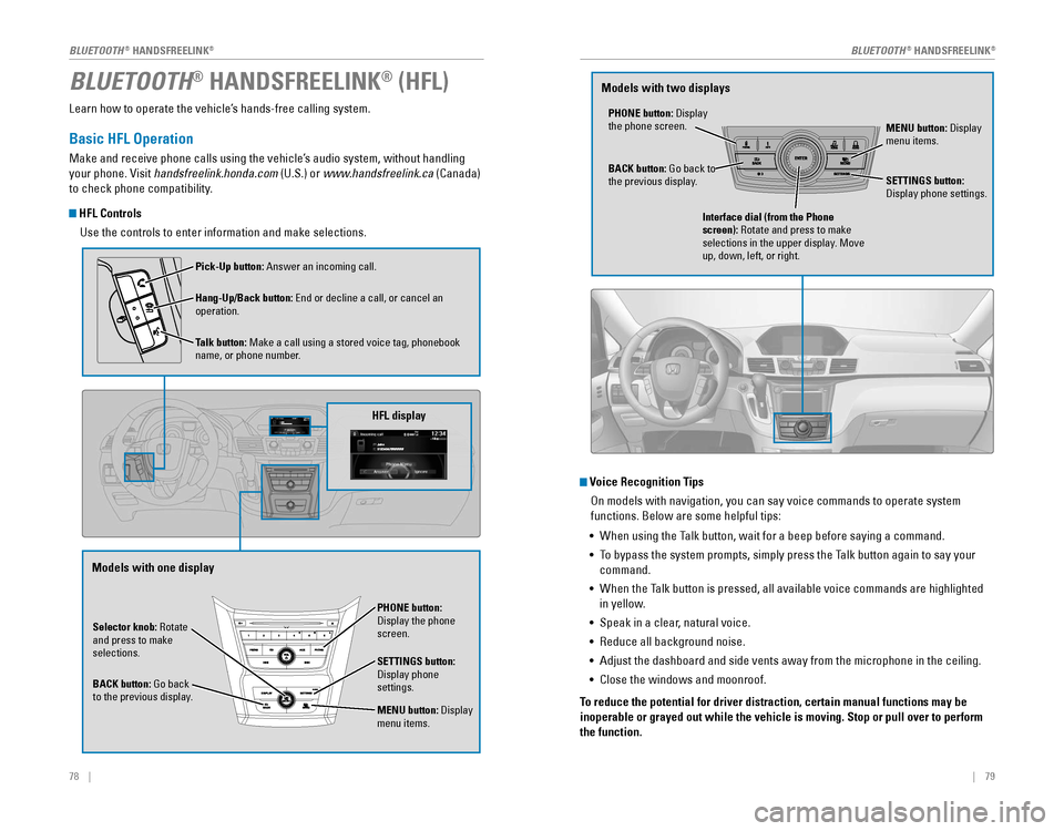HONDA ODYSSEY 2015 RC1-RC2 / 5.G Quick Guide 78    ||    79
Learn how to operate the vehicle’s hands-free calling system.
Basic HFL Operation
Make and receive phone calls using the vehicle’s audio system, without handling 
your phone. Visit 