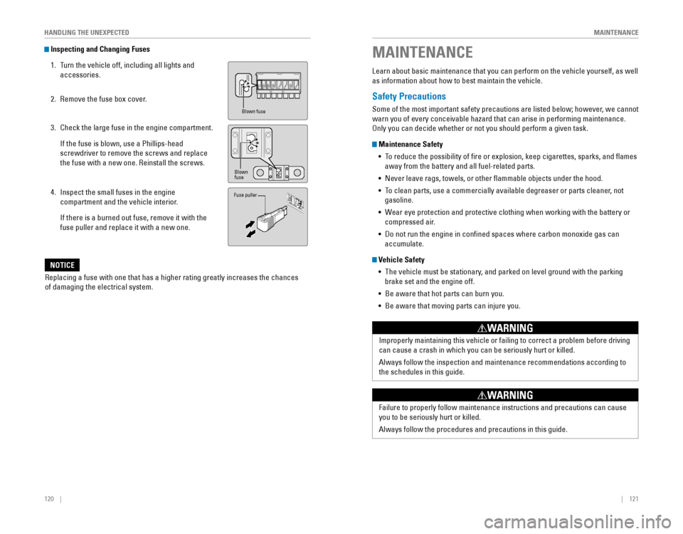 HONDA ODYSSEY 2015 RC1-RC2 / 5.G Quick Guide 120    ||    121
       MAINTENANCE
HANDLING THE UNEXPECTED
 Inspecting and Changing Fuses
1. Turn the vehicle off, including all lights and 
accessories.
2. Remove the fuse box cover.
3. Chec