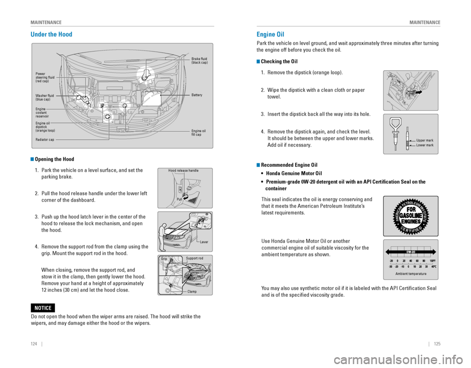 HONDA ODYSSEY 2015 RC1-RC2 / 5.G Quick Guide 124    ||    125
       MAINTENANCE
MAINTENANCE
Under the Hood
 Opening the Hood
1. Park the vehicle on a level surface, and set the 
parking brake.
2. Pull the hood release handle under the lower l