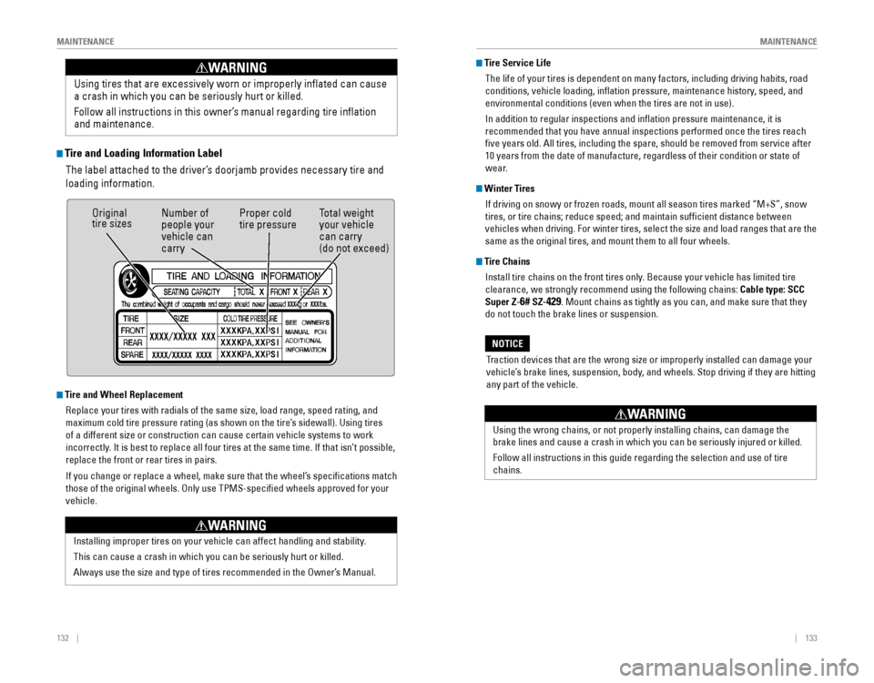 HONDA ODYSSEY 2015 RC1-RC2 / 5.G Quick Guide 132    ||    133
       MAINTENANCE
MAINTENANCE
 Tire and Loading Information Label
The label attached to the driver’s doorjamb provides necessary tire and 
loading information