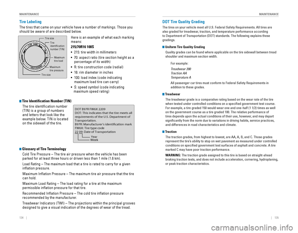 HONDA ODYSSEY 2015 RC1-RC2 / 5.G Quick Guide 134    ||    135
       MAINTENANCE
MAINTENANCE
Tire Labeling
The tires that came on your vehicle have a number of markings. Those you 
should be aware of are des