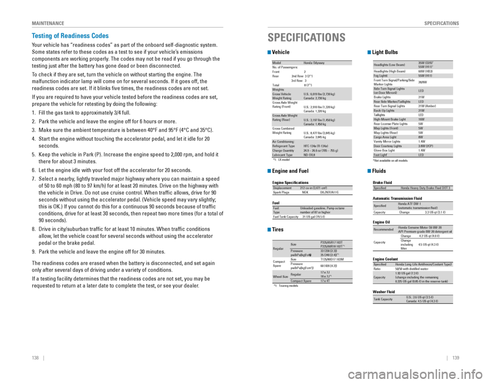HONDA ODYSSEY 2015 RC1-RC2 / 5.G Quick Guide 138    ||    139
       SPECIFICATIONS
MAINTENANCE
Testing of Readiness Codes
Your vehicle has “readiness codes” as part of the onboard self-diagnostic system. 
Some states