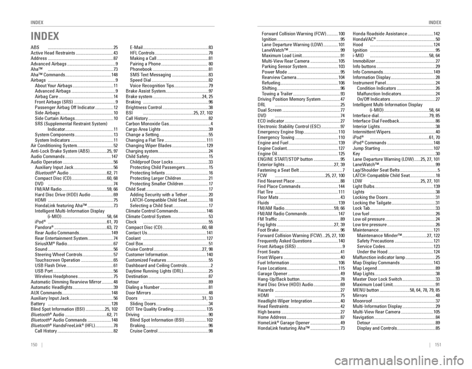 HONDA ODYSSEY 2015 RC1-RC2 / 5.G Quick Guide 150    ||    151
       INDEX
INDEX
INDEX
ABS  .............................................................25
Active Head Restraints ...................................43Address  ....................