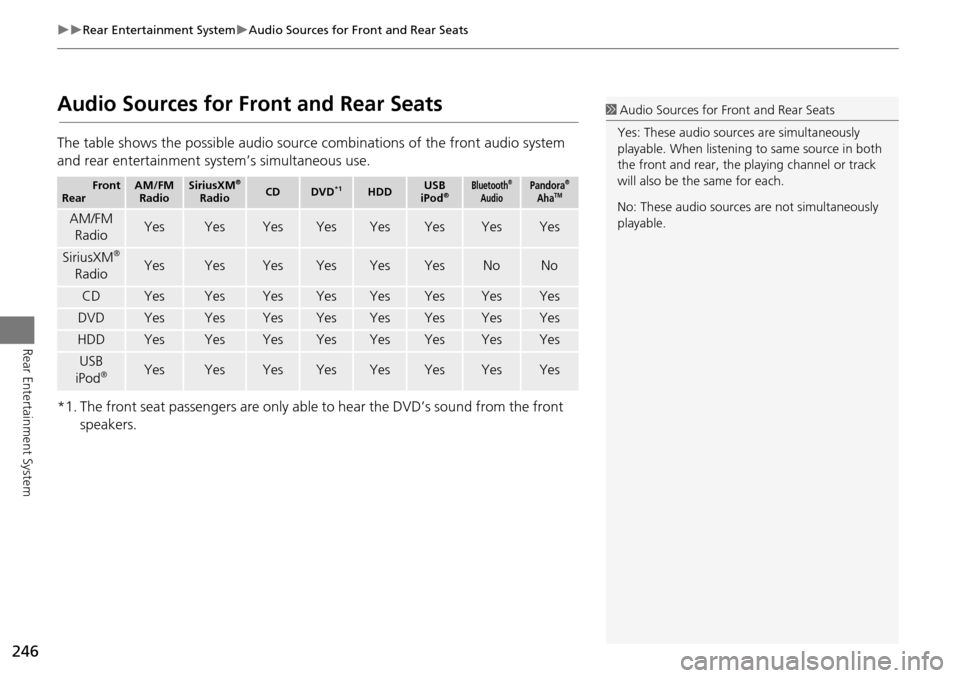 HONDA ODYSSEY 2016 RC1-RC2 / 5.G Navigation Manual 246
Rear Entertainment SystemAudio Sources for Front and Rear Seats
Rear Entertainment System
Audio Sources for Front and Rear Seats
The table shows the possible audio source  combinations of