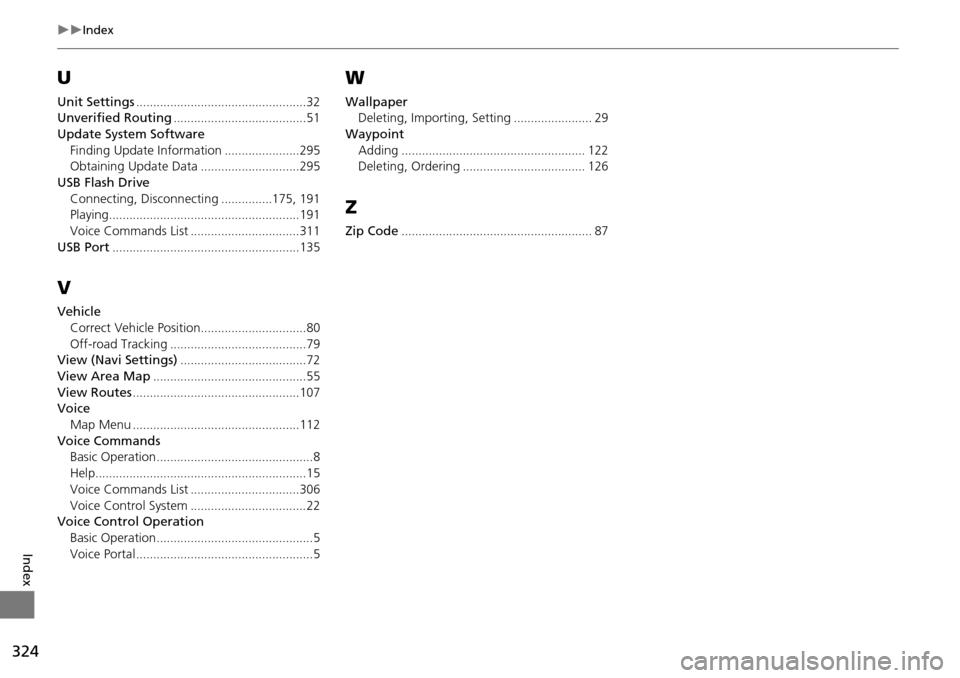 HONDA ODYSSEY 2016 RC1-RC2 / 5.G Navigation Manual 324
Index
Index
U
Unit Settings..................................................32Unverified Routing.......................................51
Update System SoftwareFinding Update Information
..