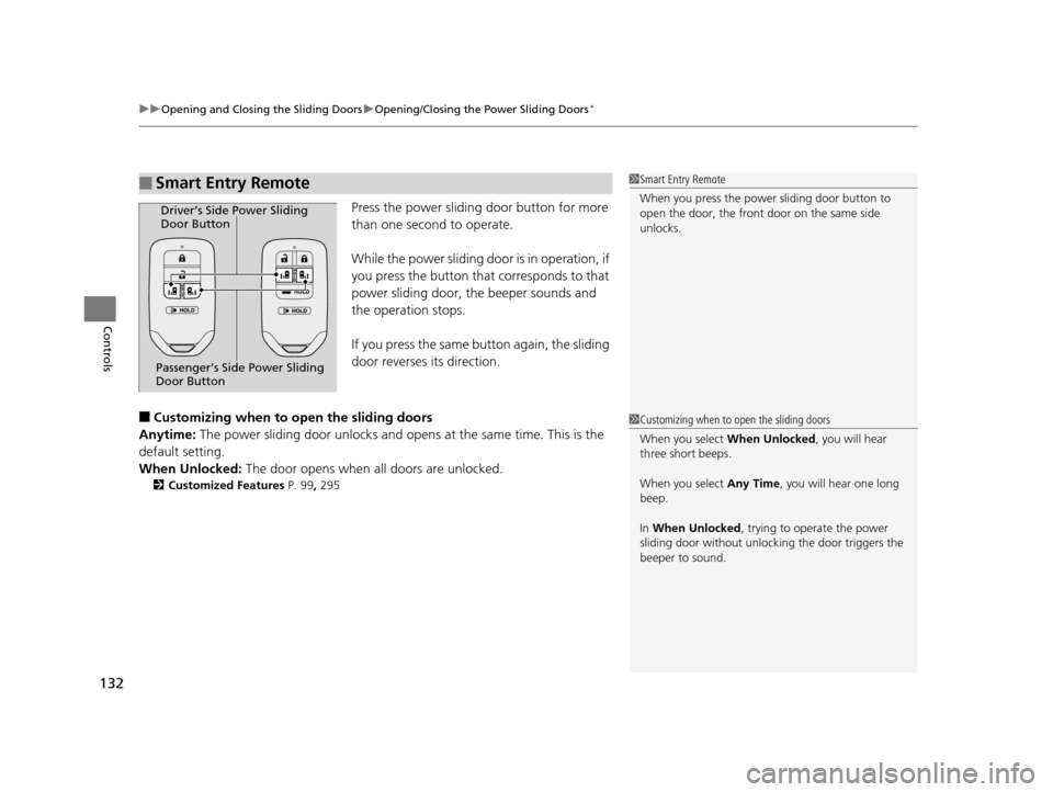 HONDA ODYSSEY 2016 RC1-RC2 / 5.G Owners Manual uuOpening and Closing the Sliding Doors uOpening/Closing the Power Sliding Doors*
132
Controls
Press the power sliding door button for more 
than one second to operate.
While the power sliding door is