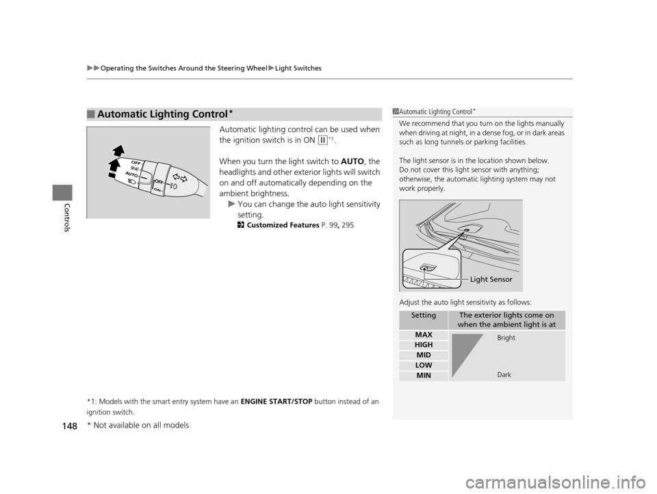 HONDA ODYSSEY 2016 RC1-RC2 / 5.G Owners Manual uuOperating the Switches Around the Steering Wheel uLight Switches
148
Controls
Automatic lighting control can be used when
the ignition switch is in ON
(w*1.
When you turn the light switch to AUTO HONDA ODYSSEY 2016 RC1-RC2 / 5.G Owners Manual uuOperating the Switches Around the Steering Wheel uLight Switches
148
Controls
Automatic lighting control can be used when
the ignition switch is in ON
(w*1.
When you turn the light switch to AUTO