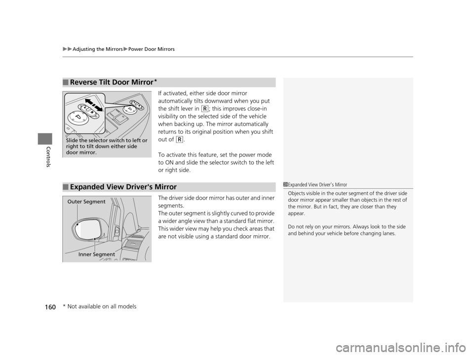 HONDA ODYSSEY 2016 RC1-RC2 / 5.G Owners Manual uuAdjusting the Mirrors uPower Door Mirrors
160
Controls
If activated, either side door mirror
automatically tilts do wnward when you put
the shift lever in
(R; this improves close-in
visibility o HONDA ODYSSEY 2016 RC1-RC2 / 5.G Owners Manual uuAdjusting the Mirrors uPower Door Mirrors
160
Controls
If activated, either side door mirror
automatically tilts do wnward when you put
the shift lever in
(R; this improves close-in
visibility o