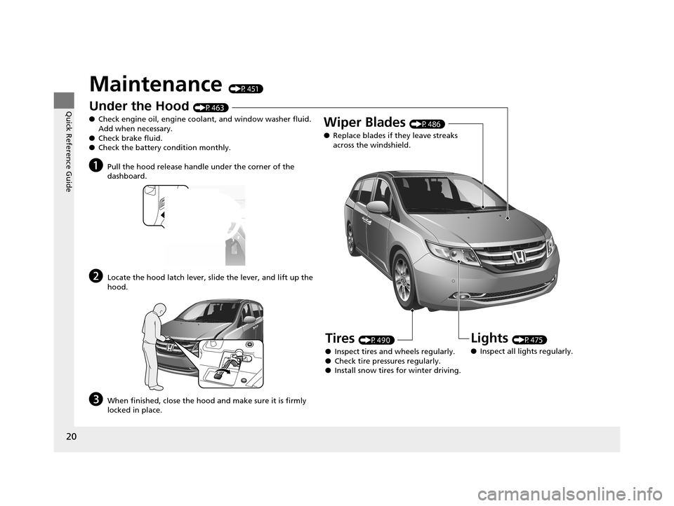 HONDA ODYSSEY 2016 RC1-RC2 / 5.G Owners Manual 20
Quick Reference Guide
Maintenance (P451)
Under the Hood (P463)
● Check engine oil, engine coolant, and window washer fluid. 
Add when necessary.
● Check brake fluid.
● Check the battery condi
