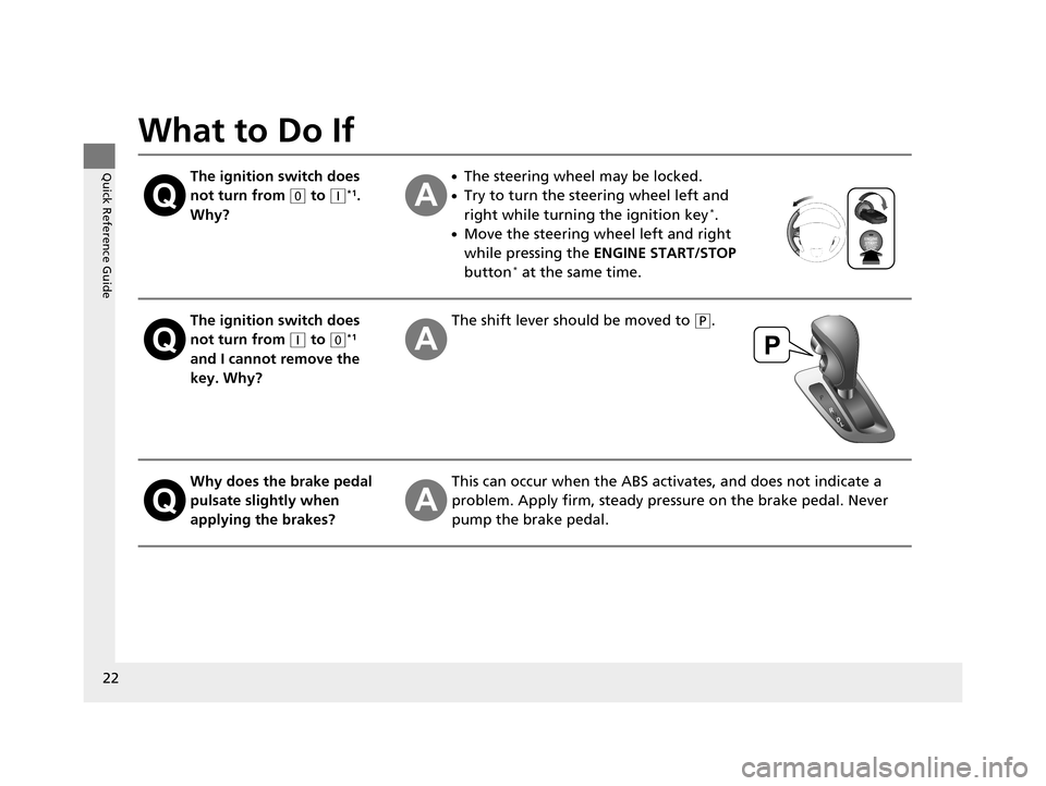 HONDA ODYSSEY 2016 RC1-RC2 / 5.G Owners Manual 22
Quick Reference Guide
What to Do If
The ignition switch does 
not turn from 
(0 to (q*1. 
Why?
●The steering wheel may be locked.
●Try to turn the steering wheel left and 
right while turning t