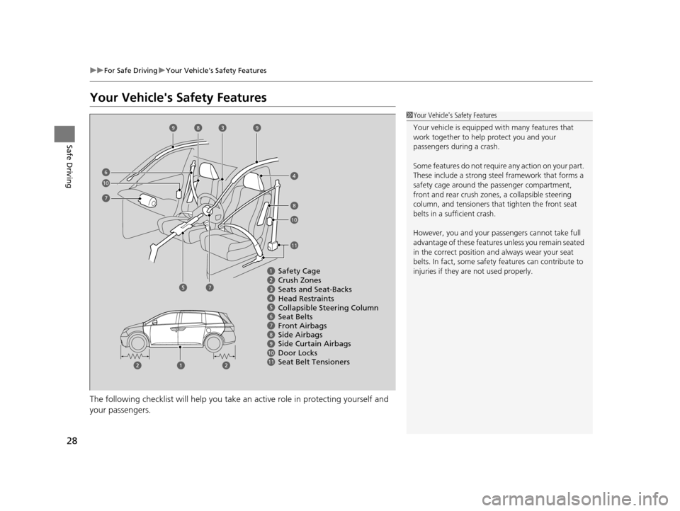 HONDA ODYSSEY 2016 RC1-RC2 / 5.G Owners Manual 28
uuFor Safe Driving uYour Vehicles Safety Features
Safe Driving
Your Vehicles Safety Features
The following checklist will help you take an active role  in protecting yourself and 
your passengers