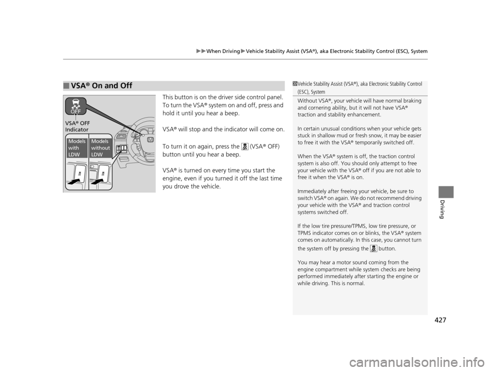 HONDA ODYSSEY 2016 RC1-RC2 / 5.G Owners Manual 427
uuWhen Driving uVehicle Stability Assist (VSA ®), aka Electronic Stability Control (ESC), System
Driving
This button is on the driver side control panel. 
To turn the VSA ® system on and off, pr